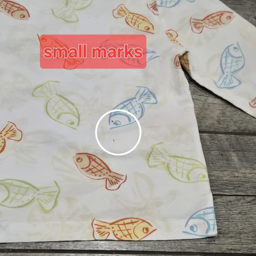 Lulu-B White Colorful Fish Print Long 3/4 Sleeve Blouse, Size M